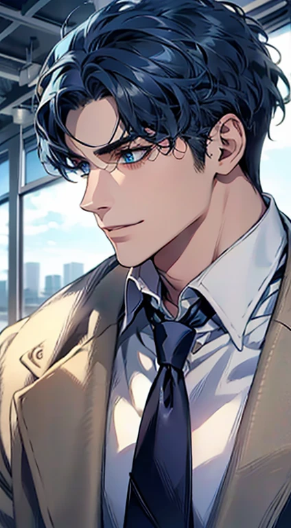 (Highest quality,4K,8K,High resolution,masterpiece:1.2),Super detailed,(Realistic,photoRealistic,photo-Realistic:1.37),1 personld,Mature Men,Beautiful skin、Profile、very handsome,Expressionless,smile,Short blue hair,blue eyes,Sharp Eyes,A perfect face without a doubt,Businessman,Office Background,Cinema Lighting,HDR image,tie、