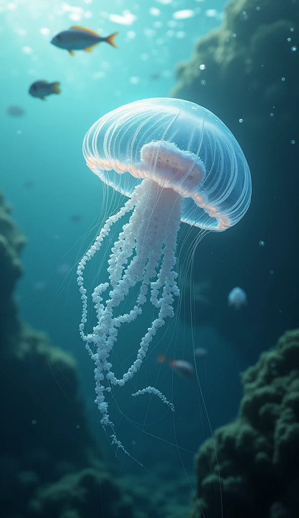 Create an image of the immortal jellyfish, Turritopsis dohrnii, regenerating and reverting to its youthful stage."