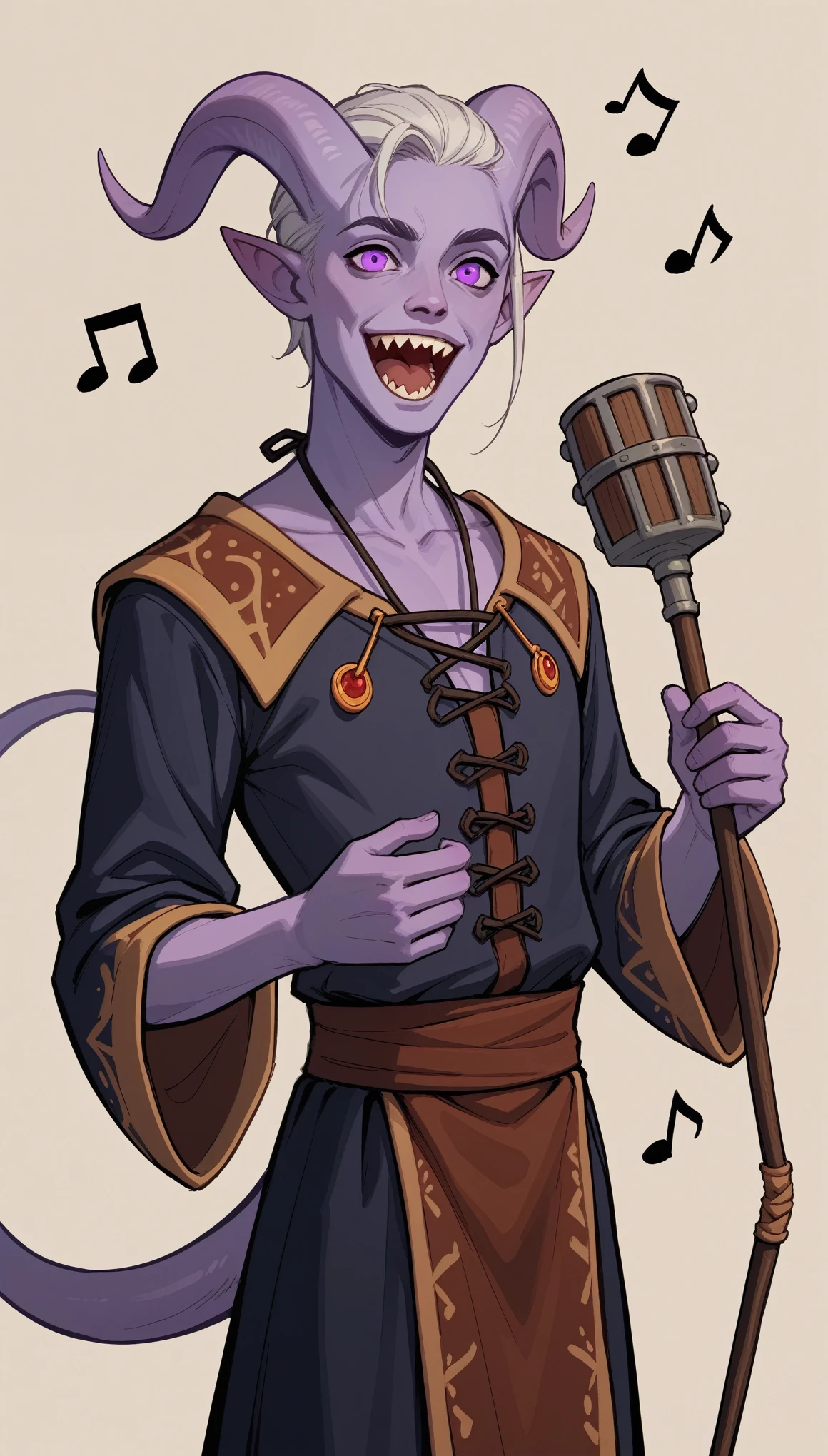 score_9, score_8_up, score_7_up, score_6_up, score_5_up, score_4_up, BREAK source_furry, rating_safety,
Tiefling, half demon, male, sharp teeth, purple eyes, (smiled face expression, open mouth, singing), tall slim thin body, medieval bard clothes, bard top and bottom, solo, simple background