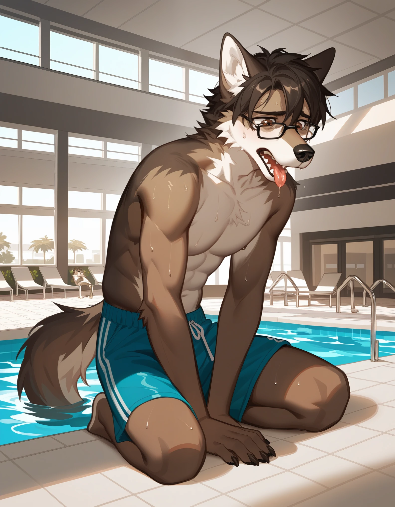 Solo,  score_9,score_8_up,score_7_up, source_cartoon, source_furry, an Anthro furry brown wolf male, shaggy black hair, brown eyes, black nose, black glasses, sitting on a floor, at a public pool, public room pool background, outdoors, looking miserable, sad face, mouth open, dehydrated, sunburnt, sweating, shriveled body, wearing black swimming trunks, shirtless, leaning back, head leaning back, acting like he’s dying, tongue out hanging to the side giant size difference head reaching on the ceiling ripped clothing 