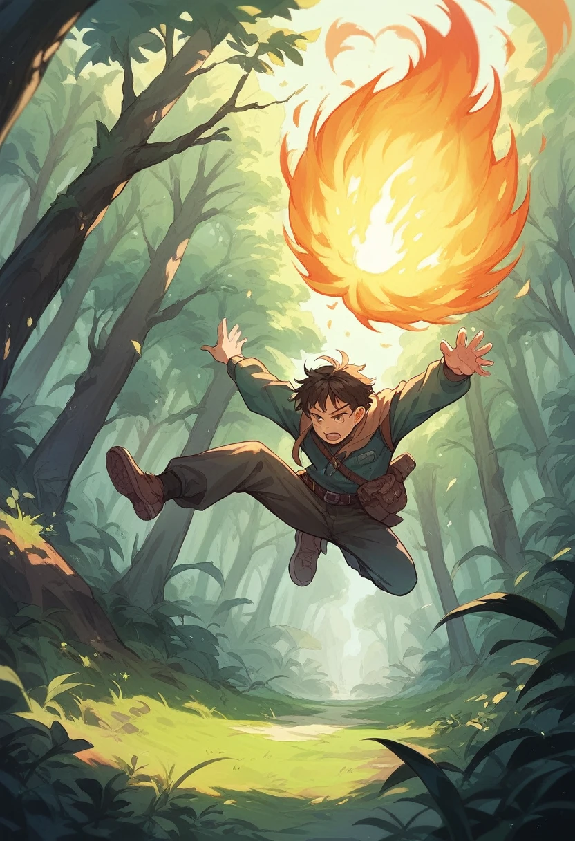 Fireball falling on a western mansion in a. Dark forest anime style