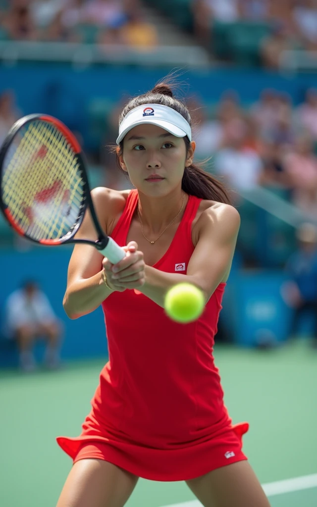 Ultra-high resolution，High-resolution details，Olympic women&#39;s tennis，Red outfit，full-body shot，Panoramic vistas，Wide-angle lens，20-year-old Korean girl，cute，Fair skin，The facial features are delicate，Beautiful sexy face，Swing the tennis racket with all your might，Catch the ball，spike，Large range of motion，exaggerate，Stimulate，The picture is super beautiful，Olympic Games background，Full audience，The atmosphere was enthusiastic and high
