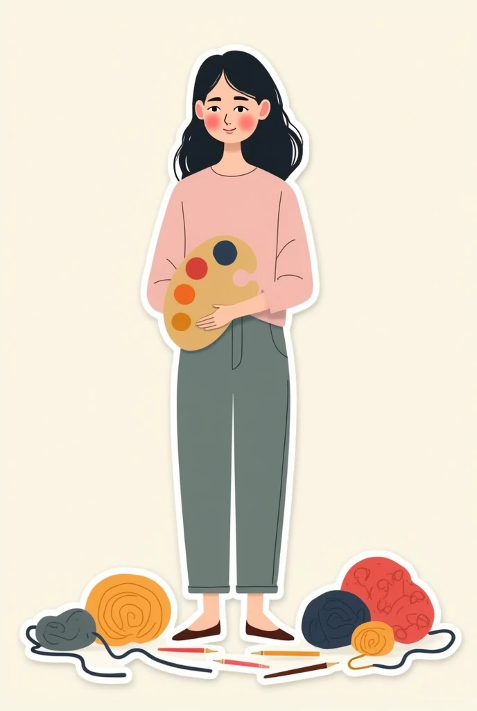 Generate a sticker of an artistic girl with a pallette in her hand and crochet needles and wool on the floor. Make it really really simple
Make the girl standing.