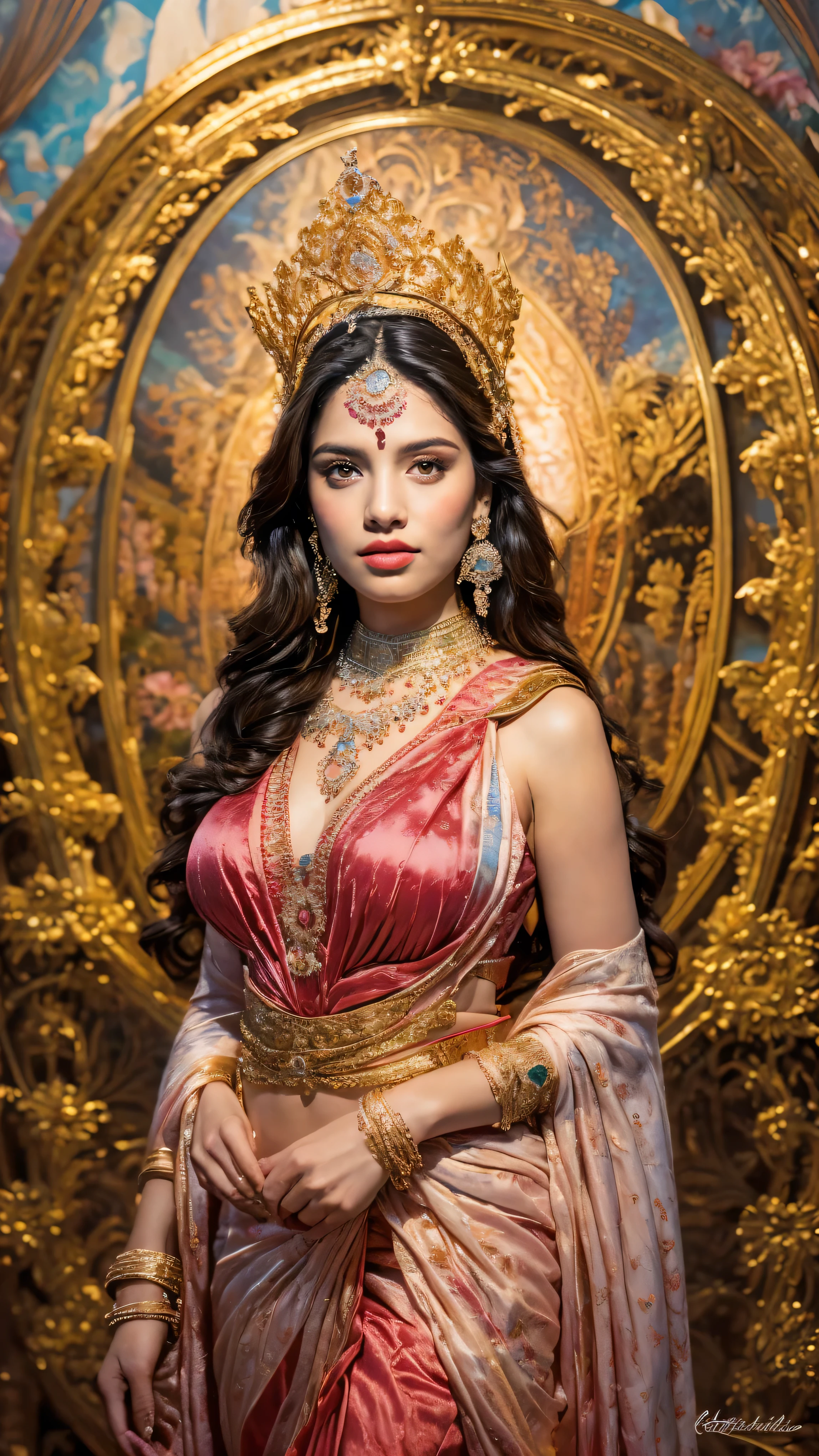 ((Best quality, 8k, Masterpiece :1.3)), Sharp focus :1.2, Generate a realistic image of a beautiful sexy Indian woman plus size body: 8.5 (masterpiece like a princess) (body like divine girl) dressed divine clothes white skirt and print bra, adorned with traditional ornaments, standing in a well-lit room with cinematic lighting. ((Front view, random elegant pose)), and there is a sense of grace and elegance in her posture. The background should complement the scene, enhancing the overall aesthetic appeal of the image. Photography by Brandon Woelfel, Full shot: Canon EF 16-35mm f/2.8L III USM lens on a Canon EOS 9D Mark IV 128 bit camera, ultra realistic, 32k, HD