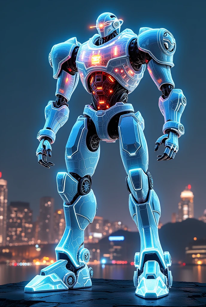 masterpiece, best quality, san francisco, Standing in the city at night、 Hyperdimensional、Fluorescent filament、Beast Design、(Translucent armor, Visible internal mechanism):1.2、(White transparent base, Navy blue joints, Red internal mechanism)、(Chest wave gun、Shoulder beam launcher)、