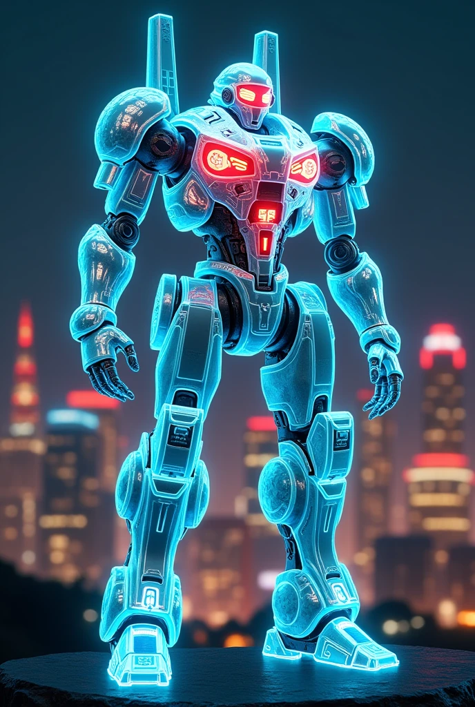 masterpiece, best quality, san francisco, Standing in the city at night、 Hyperdimensional、Fluorescent filament、Beast Design、(Translucent armor, Visible internal mechanism):1.2、(White transparent base, Navy blue joints, Red internal mechanism)、(Chest wave gun、Shoulder beam launcher)、