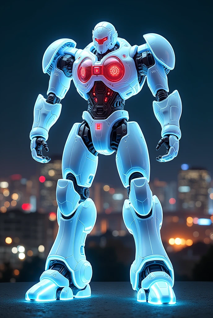 masterpiece, best quality, san francisco, Standing in the city at night、 Hyperdimensional、Fluorescent filament、Beast Design、(Translucent armor, Visible internal mechanism):1.2、(White transparent base, Navy blue joints, Red internal mechanism)、(Chest wave gun、Shoulder beam launcher)、