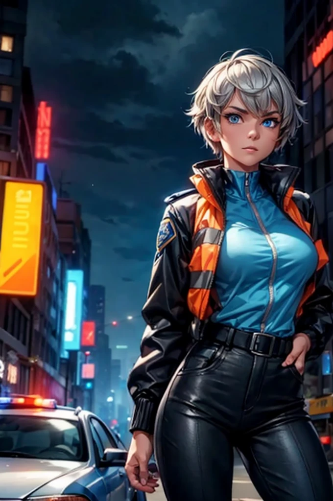 A young woman with fair skin and short gray hair stands confidently in a bustling modern city. She has large blue eyes filled with determination. She wears a dark blue police uniform, including a fitted jacket and pants, with an orange safety vest over the jacket. The background features tall buildings and busy streets with cars and pedestrians, illuminated by neon lights. The atmosphere is energetic and vibrant.