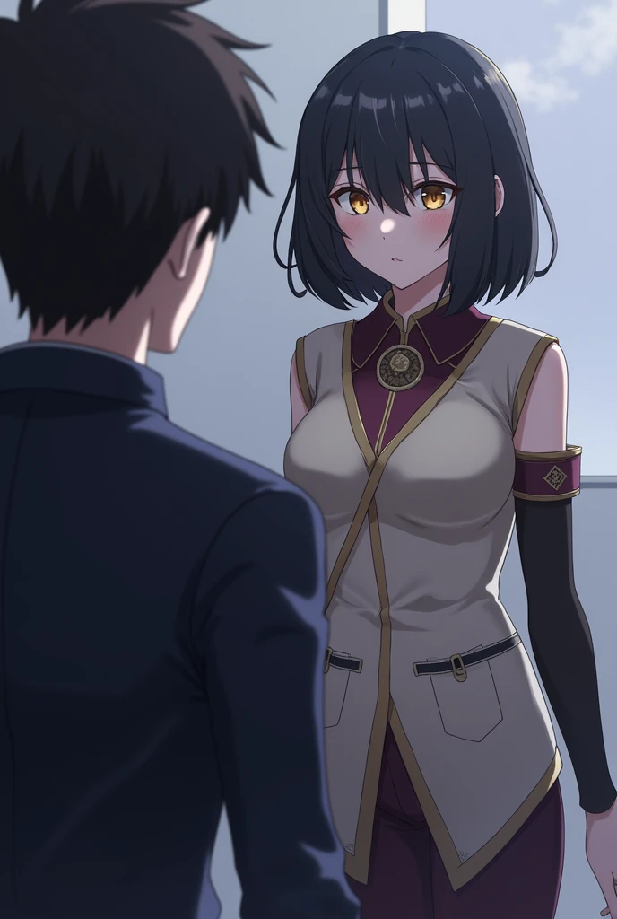 Geschin hit a girl with short black hair down to her shoulders,a lumine outfit and brown eyes