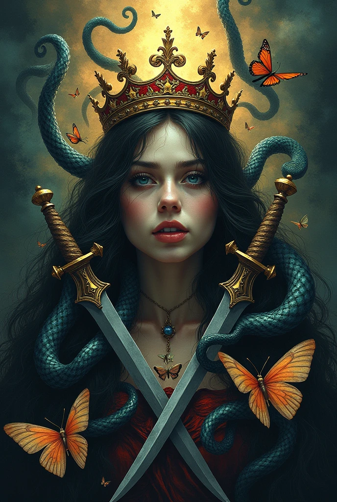 Make a fantasy book cover with daggers on it, crowns, butterflies, Snakes . where both love and chaos are represented, Without showing the face of any character, give it the title THE DIARY OF A BROKEN QUEEN