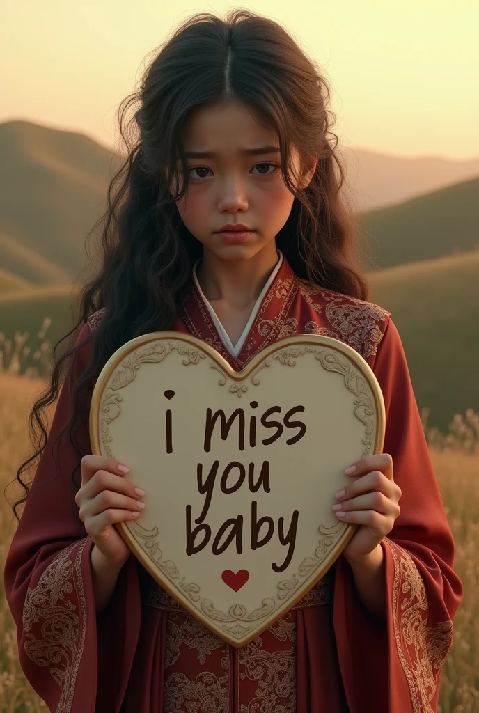 Sad face cry girl with curly long hair, traditional dress, holding a heart board with text "I miss you baby 😭" and showing it to the boyfriend 