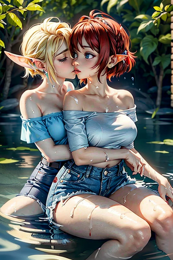 2girls, one is a female elf, short red hair, blue eyes, curvy body, full pouty lips, White off the shoulder tee shirt: 1.5, blue micro denim shorts, other one is a female elf, short blonde hair, blue eyes, slim body, full pouty lips, Black tee shirt, blue denim mini shorts, black heels ((Sitting in water, holding each other, kissing: 1.6))