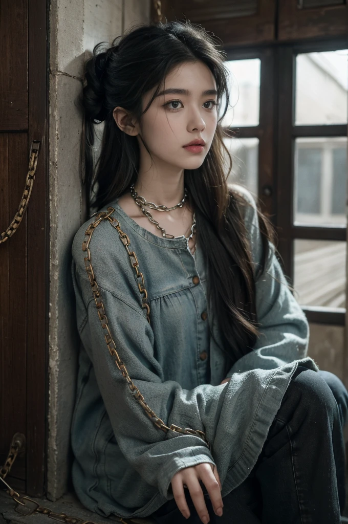 (((best quality))), (((ultra detailed))), (((masterpiece))), illustration,A girl sits in a dimly lit cell, (bound in heavy black chains:1.5), her long matted hair falling around her gaunt face. Her almond-shaped eyes are hollow and filled with sadness, once vibrant and full of life. She's wearing tattered clothes, once blue but now faded and stained. Her pants are loose on her emaciated frame. The cell is small and dingy, with stone walls and a concrete floor, a small barred window letting in faint light. The air is musty and rotting, but the girl sits with a calm resignation, her head bowed, hands in her lap, a flicker of defiance in her eyes. It's a chilling and disturbing scene, but also one of strength and resilience, a reminder of the human spirit's ability to endure