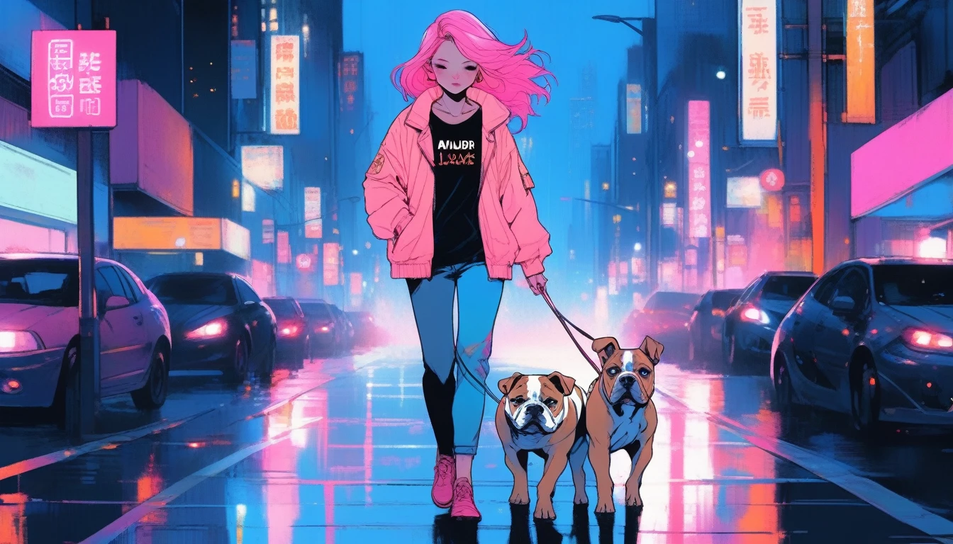 Illustrator, anime , Realistic ,sketch ,City、Adult woman walking with cute bulldog puppy,Beautiful and well-proportioned face, lip, nail、T-shirt,order,Textured Trim, (masterpiece,Highest quality) , Neon Hair,Textured Trim, Canadian, (masterpiece,Highest quality) Cancer,night、Dark Eyes,
