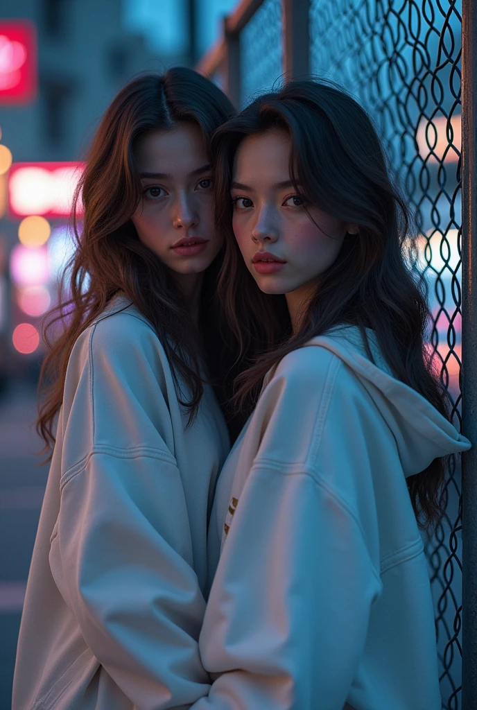 2 girl, beautiful, wavy hair, almond eyes, no make up, white sweatshirt, oversize_shirt, sweatpants, in front of fence, night city, cyberpunk vibes, close up, (photorealistic:1.2), (ultra realistic:1.3), (very detailed:1.1), ((masterpiece)),