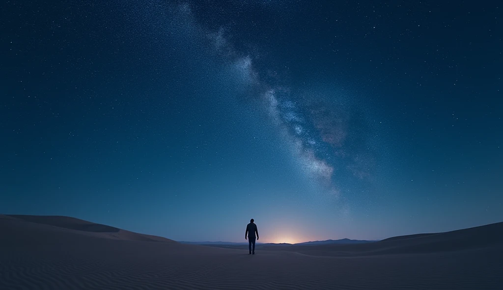 Imagine a clear night sky over a vast desert. The scene is set in a quiet, remote area with no light pollution, allowing the stars to shine brightly. The sky is a deep, velvety blue, dotted with countless twinkling stars that seem close enough to touch. The Milky Way stretches across the sky like a luminous ribbon, and nature adds a mystical feel to the scene. The horizon is barely visible, creating a sense of endless space. The atmosphere is calm and serene, with the silence of the night broken only by the occasional gentle breeze. The overall image exudes a sense of wonder and peace, capturing the vastness and beauty of the night with a person