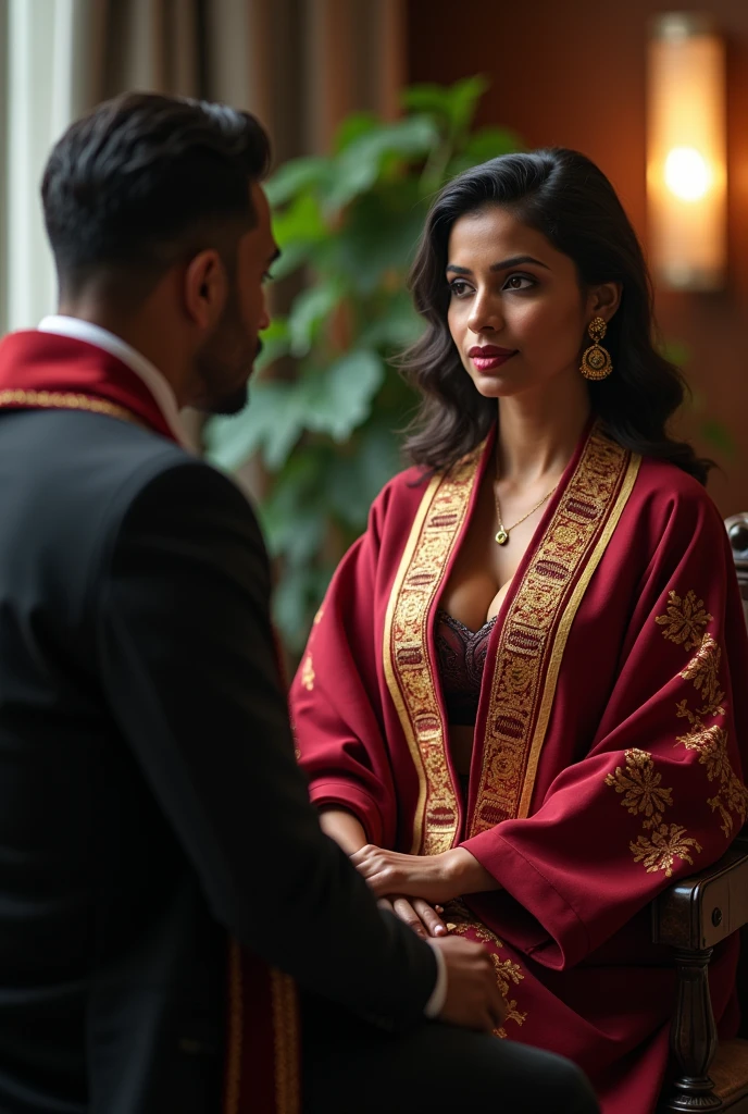 Wearing full body Academic regalia wealthy sri lankan average beautiful girl(big breasts and butt) sit in chair and sri lankan wealthy age 35 man (software,electrical,garments companies owner)