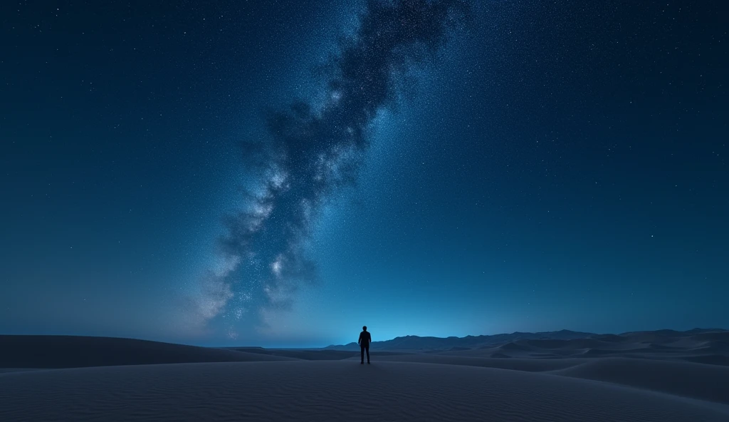 Imagine a clear night sky over a vast desert. The scene is set in a quiet, remote area with no light pollution, allowing the stars to shine brightly. The sky is a deep, velvety blue, dotted with countless twinkling stars that seem close enough to touch. The Milky Way stretches across the sky like a luminous ribbon, and nature adds a mystical feel to the scene. The horizon is barely visible, creating a sense of endless space. The atmosphere is calm and serene, with the silence of the night broken only by the occasional gentle breeze. The overall image exudes a sense of wonder and peace, capturing the vastness and beauty of the night with a person