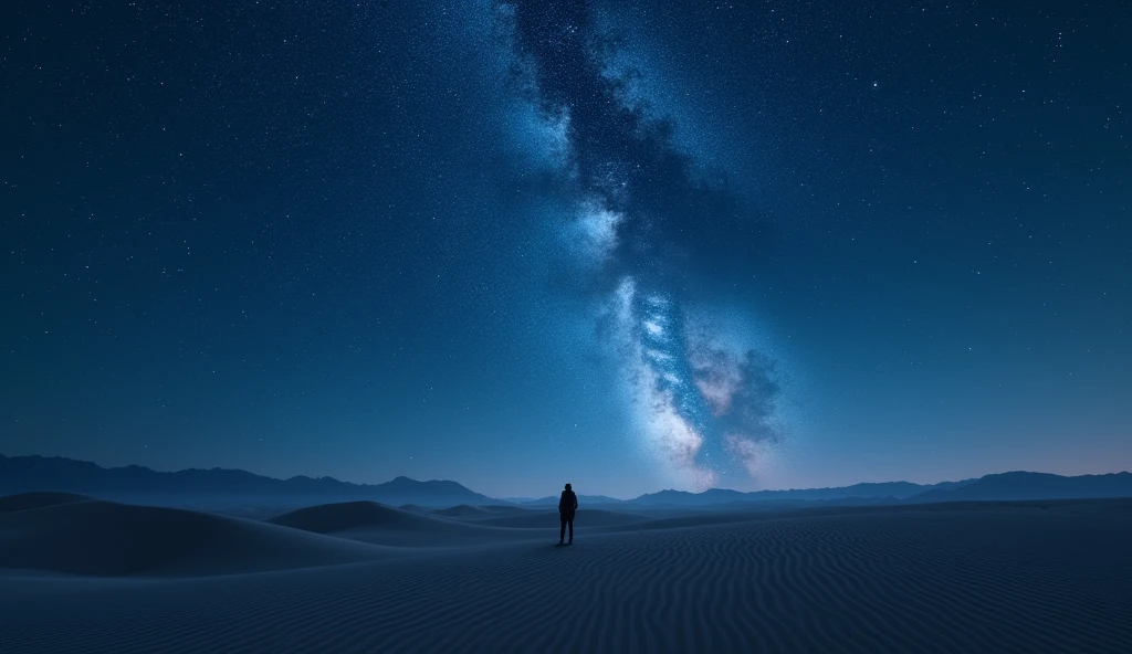 Imagine a clear night sky over a vast desert. The scene is set in a quiet, remote area with no light pollution, allowing the stars to shine brightly. The sky is a deep, velvety blue, dotted with countless twinkling stars that seem close enough to touch. The Milky Way stretches across the sky like a luminous ribbon, and nature adds a mystical feel to the scene. The horizon is barely visible, creating a sense of endless space. The atmosphere is calm and serene, with the silence of the night broken only by the occasional gentle breeze. The overall image exudes a sense of wonder and peace, capturing the vastness and beauty of the night with a person