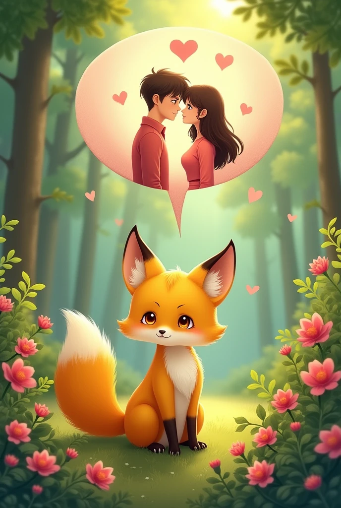 A yellow female fox who longs for love,Stand up,Speech bubble above head,A scene of love between a man and a woman appears in the bubbles,Cute realistic style,Surrounded by love,Background forest garden