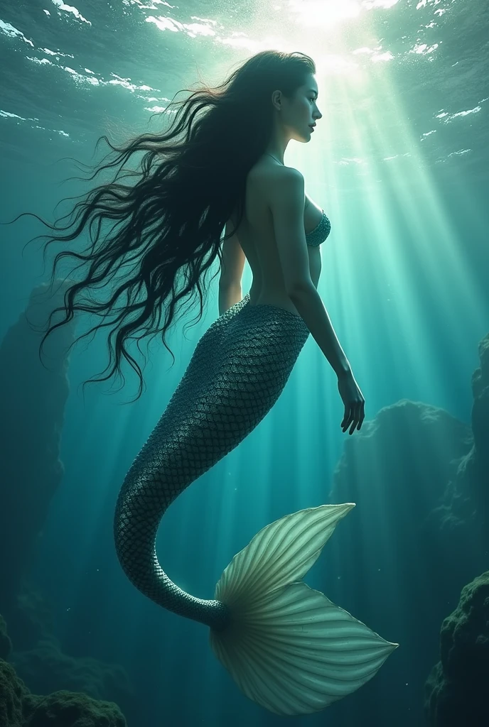 Create for me an image of a perfect mermaid for my.wallpaper, with several details to be aesthetic, she has long black hair