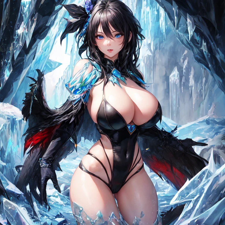 monster-maiden with ice skin , beautiful, ,milf wblack hair, blue eyes and big breasthe backdrop of an ice cave