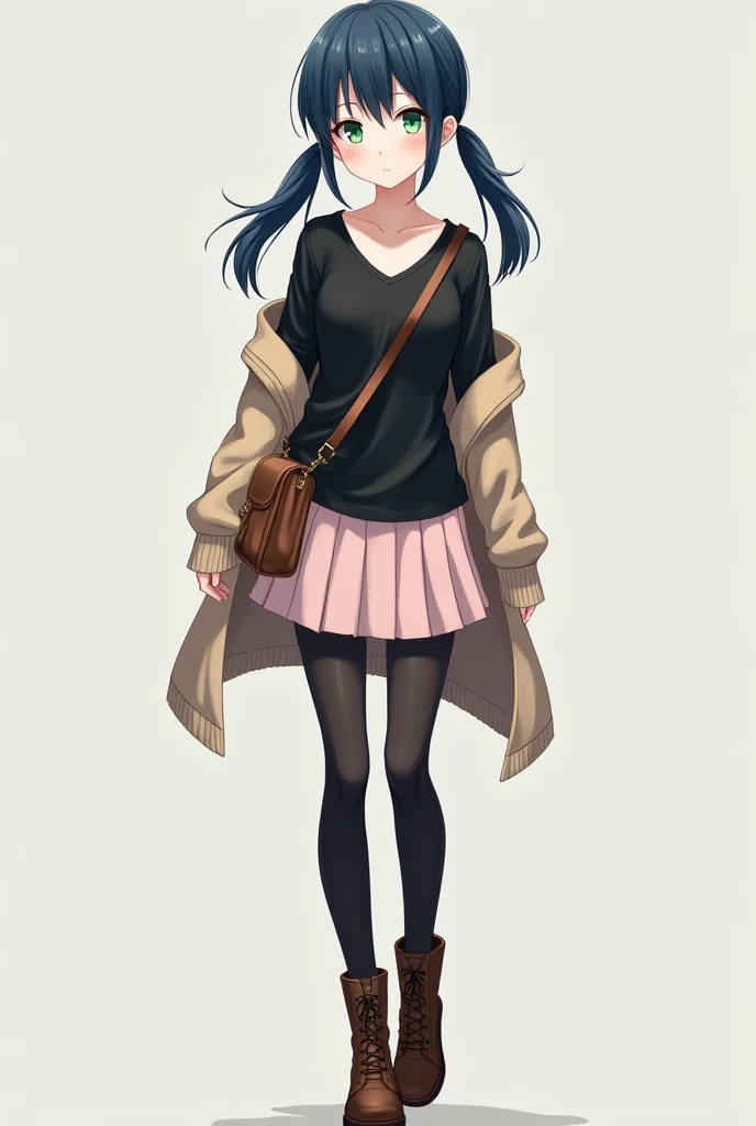 Tall teen with long navy blue hair tied in two low pigtails, green eyes, Pale skin, with a black long-sleeved v-neck t-shirt, pale pink skirt, black stockings, brown boots, a light brown cardigan sweater, brown crossbody bag, anime style