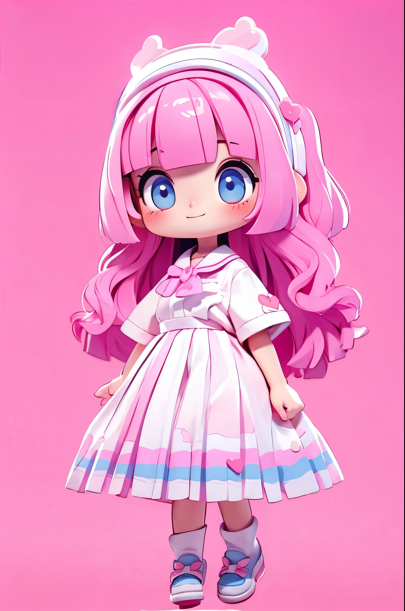 high resolution,smile,laugh,happy smile,woman,woman1人,adult,Clear,cute,
((chibi)),
blunt bangs,wavy hair,Pink Hair,BREAK,
Light blue eyes,BREAK,
uniform,White shirt,BREAK,Pink checkered pleated skirt,BREAK,
White loose socks,White sneakers,BREAK,
ハートのヘアピンBREAK,
Facing forward,BREAK,Pink background,