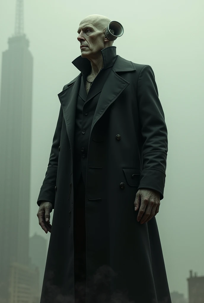 A very tall man with no mouth and no left eye, calvo, with a megaphone instead of an ear on the right side and wears a long black trench coat