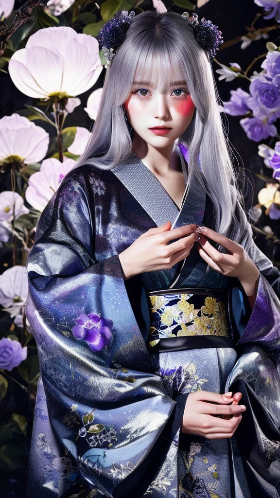 Woman in luxurious kimono、front、Make eye contact、Silver Hair、mysterious、Fantasy、Flower pattern kimono、Very long hair、Glossy face、Transparency、Solemn, Take a closer look, Face close-up, Moonlit Night、Crystal ball in the center of both hands