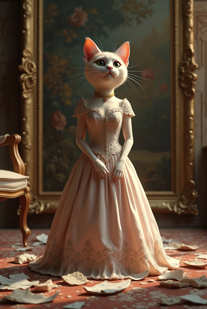the cat mother in dress broke the beautiful painting in the room