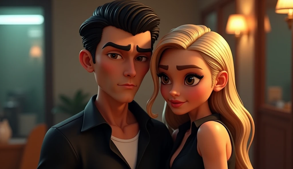 mafia couple (black hair male, blonde hair females), suiteless, black shirts, cute face, 3D cartoon, masterpiece, extreme detail, cinematic lighting, 4k