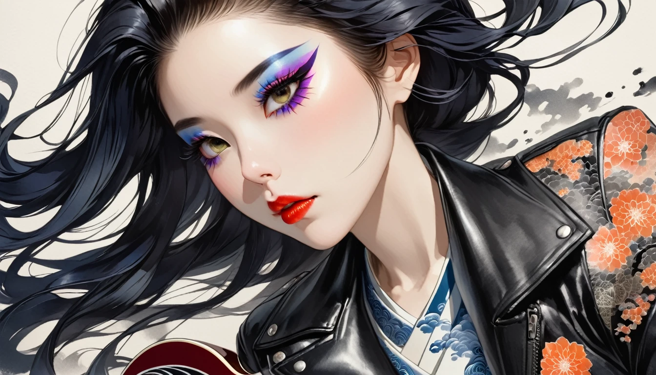 (((Ink Painting))), (((from above))), (((1 female))), (((Leather jacket with Japanese patterns))), (((long hair))), ((gibson sg guitar))),(((Very flashy makeup))), Japanese style headphones, face close-up, front view, Japanese beautiful girl, Black Hair, Delicate and precise, Modern ukiyo-e style,Japan, Droopy eyes, round face, Glare, Fuller lips, vivid color