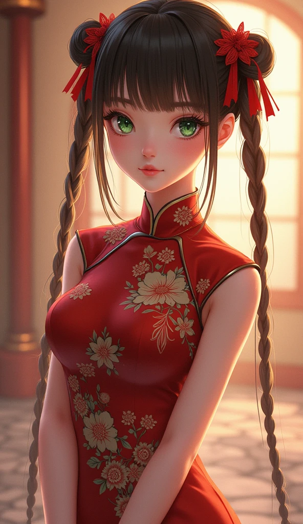 girl,full bodyesbian,(Detailed face:1.2), tmasterpiece, Fashionab,on cheongsam,, Medium hair, brunette color hair, dual horsetail, bluntbangs, greene eyes,