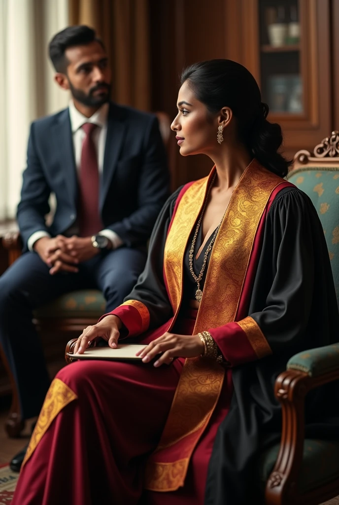 Wearing full body Academic regalia wealthy sri lankan average beautiful girl(big breasts and butt) sit in chair and sri lankan wealthy age 35 man (software,electrical,garments companies owner)