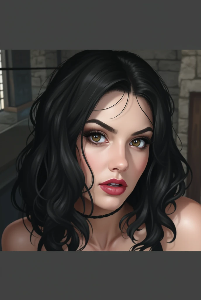wrc style, Woman, obscene pose, seducing gaze, apron, kitchen, medieval scenery
