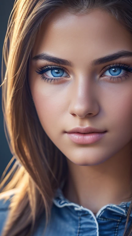 a teenage girl in blue jean shorts, beautiful detailed eyes, beautiful detailed lips, extremely detailed face, long eyelashes, beautiful cascading hair, (best quality, 4k, 8k, highres, masterpiece:1.2), ultra-detailed, (realistic, photorealistic, photo-realistic:1.37), studio lighting, vivid colors, portrait
