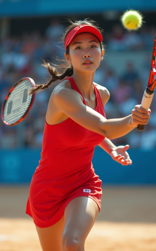 Ultra-high resolution,High-resolution details,Olympic women's tennis,Red outfit,full-body shot,Panoramic vistas,Wide-angle lens,20-year-old Korean girl,cute,Fair skin,The facial features are delicate,Beautiful sexy face,Swing the tennis racket with all your might,Catch the ball,spike,Large range of motion,exaggerate,Stimulate,The picture is super beautiful,Olympic Games background,Full audience,The atmosphere was enthusiastic and high