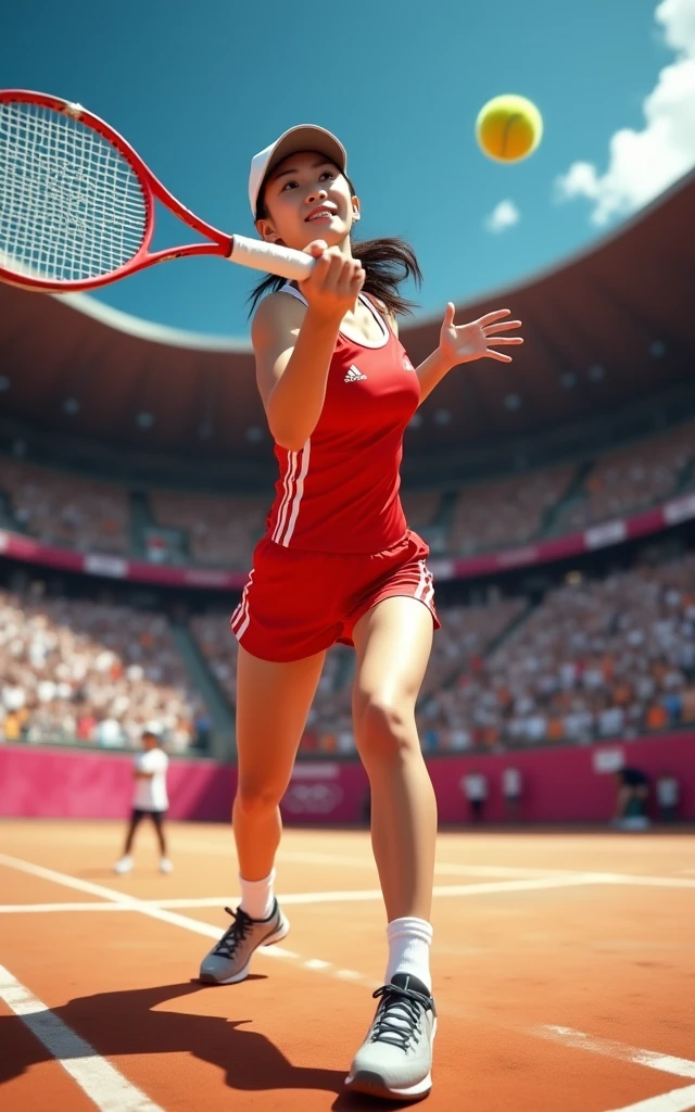 Ultra-high resolution，High-resolution details，Olympic women&#39;s tennis，Red outfit，full-body shot，Panoramic vistas，Wide-angle lens，20-year-old Korean girl，cute，Fair skin，The facial features are delicate，Beautiful sexy face，Swing the tennis racket with all your might，Catch the ball，spike，Large range of motion，exaggerate，Stimulate，The picture is super beautiful，Olympic Games background，Full audience，The atmosphere was enthusiastic and high