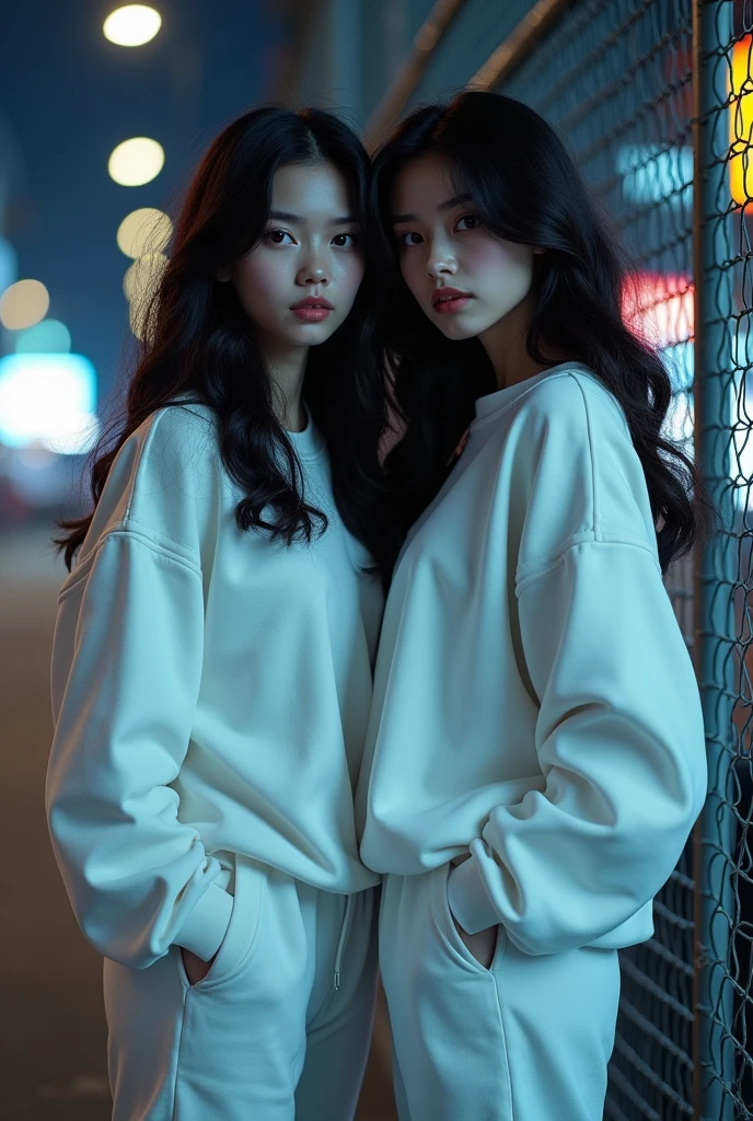 2 girl, beautiful, wavy hair, almond eyes, no make up, white sweatshirt, oversize_shirt, sweatpants, in front of fence, night city, cyberpunk vibes, close up, (photorealistic:1.2), (ultra realistic:1.3), (very detailed:1.1), ((masterpiece)),