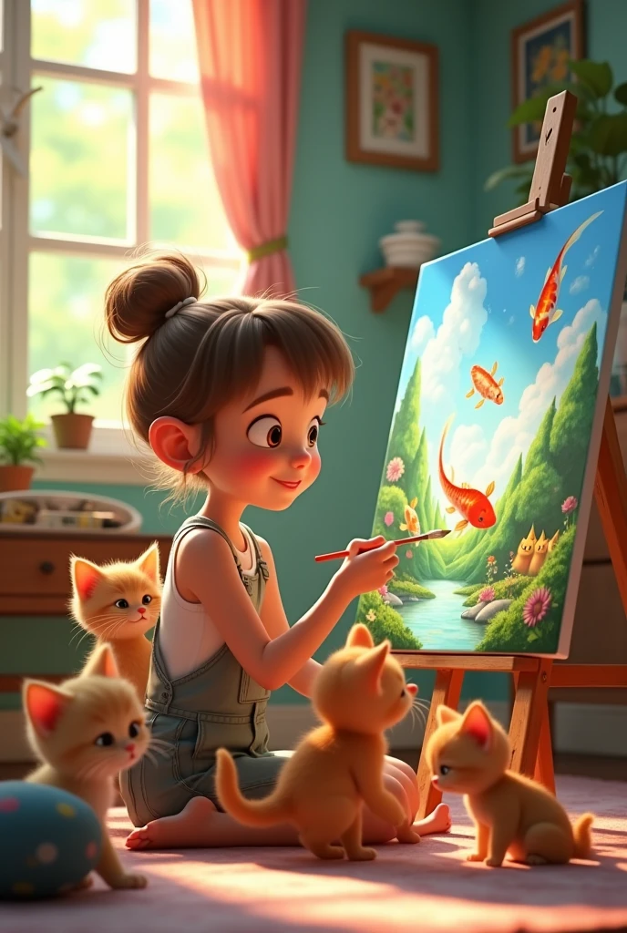 3d pixar style animation, 18 year old girl, artist, white skin, light brown hair, painting a landscape on a canvas, surrounded by kittens in the room, with an aquarium with koi