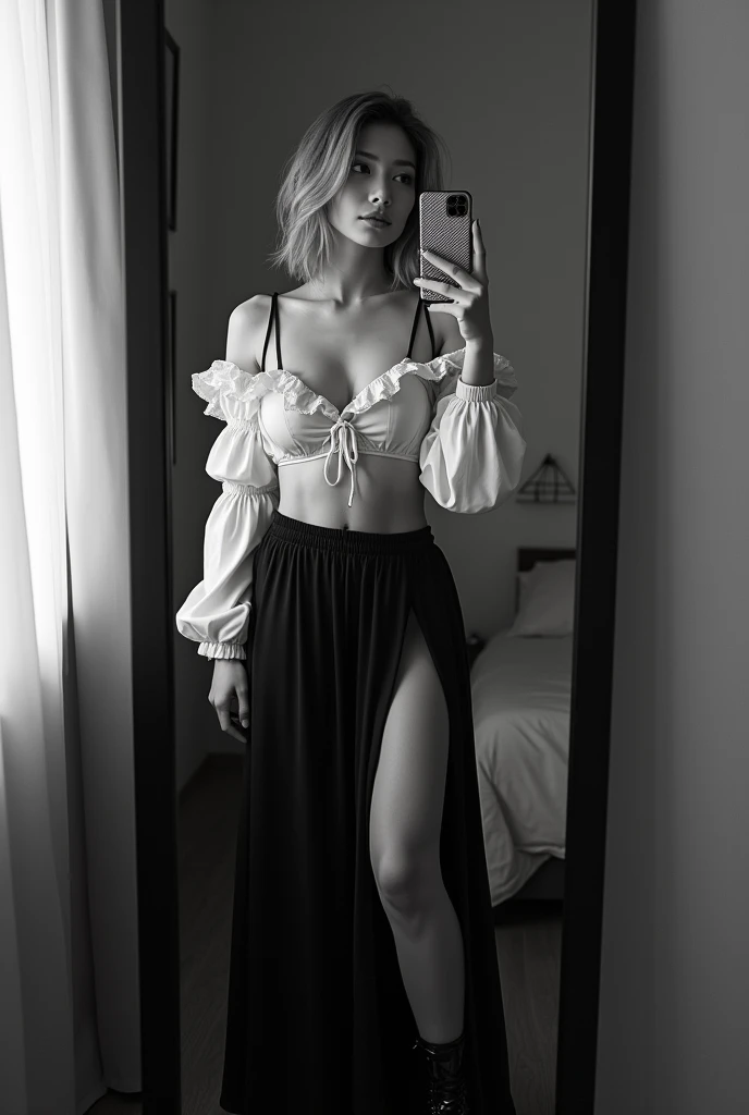 beautiful sexy Japanese young woman, ig model, high detail, (Happy:1.2),(below angle,, gravure pose, all body shot, full body in frame:1.3), BREAK (very slim waist:1.2), (perfect balanced Soft huge breasts, cleavage, large buttocks, beautiful long legs:1.2), (Cramped breasts, A glamorous body with clothes:1.4), exuding a sculptural beauty, (Realistic Soft skin texture, oily skin, White and beautiful Silky skin:1.4), hyper small head, (Detailed face and eyes), cute and Pretty slim face, half open Duck mouth, perfect beautiful Tooth, arranged gray hair, takes a selfie in her room using a smartphone in front of a mirror with one hand, standing, looking away from the camera, /// gray arranged hair, light color eyes, Realistic skin, Detailed face, /// sexy Pierrot Costume, Opt for a fitted corset bodice with black and white diamond patterns, accentuating the waist, Layer with a ruffled, off-the-shoulder blouse in contrasting black and white hues, adorned with oversized bows for a whimsical touch, Pair with high-waisted black maxi skirt, featuring exaggerated ruffles or pleats for added volume and drama, Accessorize with black and white striped stockings or tights, and patent leather ankle boots with oversized buckles for a modern twist on classic clown footwear, arranged gray hair, /// Monotone simple modern taste single room, mirror, complicated background