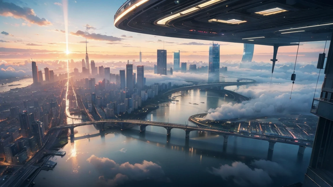 (best quality,4K,8ก,High resolution,Masterpiece:1.2),Very detailed,(realistic,realistic,Realistic photos:1.37),Floating city of the future,Technologies of the future,Large high-tech tablet platform in the city,airship,floating in the sky,city of the future,Small planes around,High-tech hemisphere platform,colorful lights,advanced architecture,modern architecture,skyscraper,Cloud access,beauty,city scenery,Impressive design,Perfectly blended with nature,Lively and lively atmosphere,Transportation system of the future,Parking is suspended,Transparent pathways,Lush greenery,Sky Garden,Cascading waterfall,Stunning skyline,Water reflections,Sparkling River,Architectural innovation,skyscraperแห่งอนาคต,Clear dome,The shape of the building is unusual.,Elevated walkway,Impressive skyline,fluorescent light,Technologies of the future,Simple design,Observation point,Panoramic view,Cloud Piercing Tower,bright colors,The great sunrise,Great sunset,Spectacular light show,Magical atmosphere,city of the future,Urban utopia,Luxury Lifestyle,Energy innovation,Sustainable development,smart city technology,Advanced infrastructure,Serene atmosphere,Nature and technology coexist harmoniously,Great urban landscape,Unprecedented urban planning,Architecture seamlessly connected to nature,High-tech metropolis,A cutting-edge engineering marvel,The future of urban living,Visionary architectural concepts,Energy-efficient buildings,Blending with the environment,City floating above the clouds,Utopian dreams become reality,Endless possibilities,Modern transportation network,Integration of green energy,Innovative materials,Impressive holographic displays,Advanced communication system,Breathtaking aerial views,Quiet environment,Modern Aesthetics,The intangible beauty ,There is a train., railway