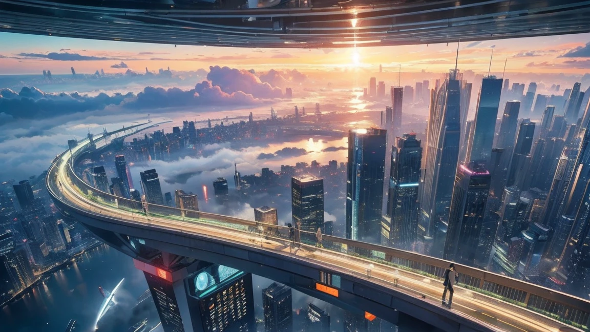(best quality,4K,8ก,High resolution,Masterpiece:1.2),Very detailed,(realistic,realistic,Realistic photos:1.37),Floating city of the future,Technologies of the future,Large high-tech tablet platform in the city,airship,floating in the sky,city of the future,Small planes around,High-tech hemisphere platform,colorful lights,advanced architecture,modern architecture,skyscraper,Cloud access,beauty,city scenery,Impressive design,Perfectly blended with nature,Lively and lively atmosphere,Transportation system of the future,Parking is suspended,Transparent pathways,Lush greenery,Sky Garden,Cascading waterfall,Stunning skyline,Water reflections,Sparkling River,Architectural innovation,skyscraperแห่งอนาคต,Clear dome,The shape of the building is unusual.,Elevated walkway,Impressive skyline,fluorescent light,Technologies of the future,Simple design,Observation point,Panoramic view,Cloud Piercing Tower,bright colors,The great sunrise,Great sunset,Spectacular light show,Magical atmosphere,city of the future,Urban utopia,Luxury Lifestyle,Energy innovation,Sustainable development,smart city technology,Advanced infrastructure,Serene atmosphere,Nature and technology coexist harmoniously,Great urban landscape,Unprecedented urban planning,Architecture seamlessly connected to nature,High-tech metropolis,A cutting-edge engineering marvel,The future of urban living,Visionary architectural concepts,Energy-efficient buildings,Blending with the environment,City floating above the clouds,Utopian dreams become reality,Endless possibilities,Modern transportation network,Integration of green energy,Innovative materials,Impressive holographic displays,Advanced communication system,Breathtaking aerial views,Quiet environment,Modern Aesthetics,The intangible beauty ,There is a train., railway