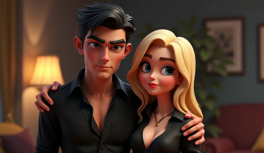 mafia couple (black hair male, blonde hair females), suiteless, black shirts, cute face, 3D cartoon, masterpiece, extreme detail, cinematic lighting, 4k