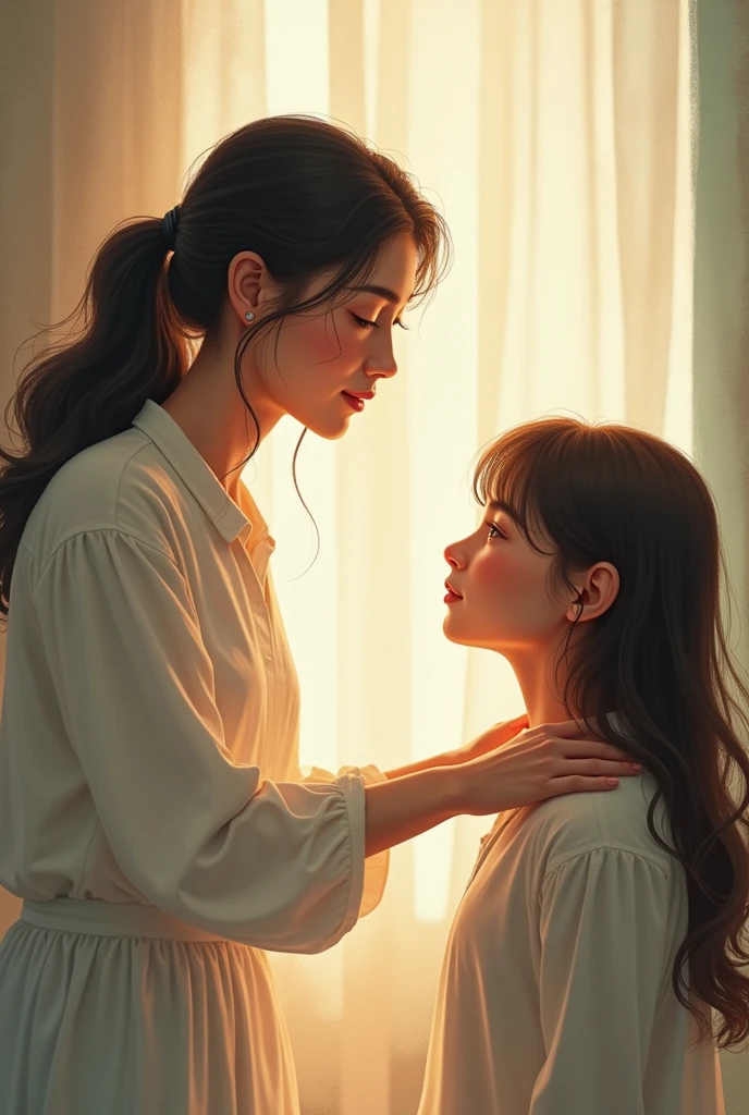Create a drawing of a mother helping her daughter put on a bra in a fitting room