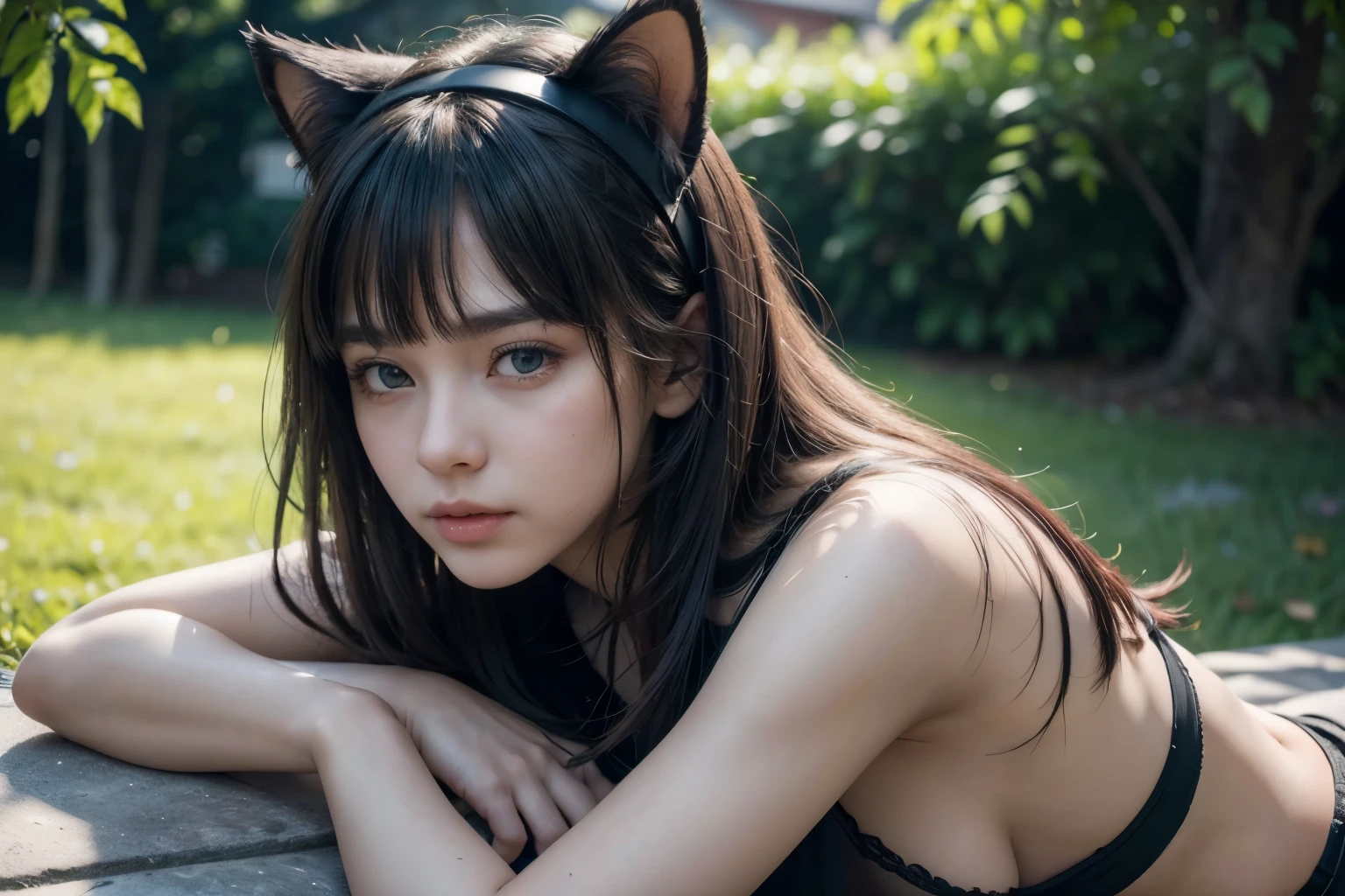 Beautiful young woman with cat ears headband, In the shade, Wearing a black shirt and black shorts, (Large Breasts), (Highest quality,4K,8k,High resolution,masterpiece:1.2),Very detailed,(Realistic,photoRealistic,photo-Realistic:1.37), Complex, Detailed portrait,8k,((masterpiece)), ((Highest quality)), (Very detailed), Attention to detail, Professional photos, Highest quality, Floating Hair, Beautiful details, (((Realistic))), hyper Realistic character,Natural light ,Beautiful details eyes,One person, alone,Blunt bangs, Realistic, ((Forward bending)) ,Side Angle