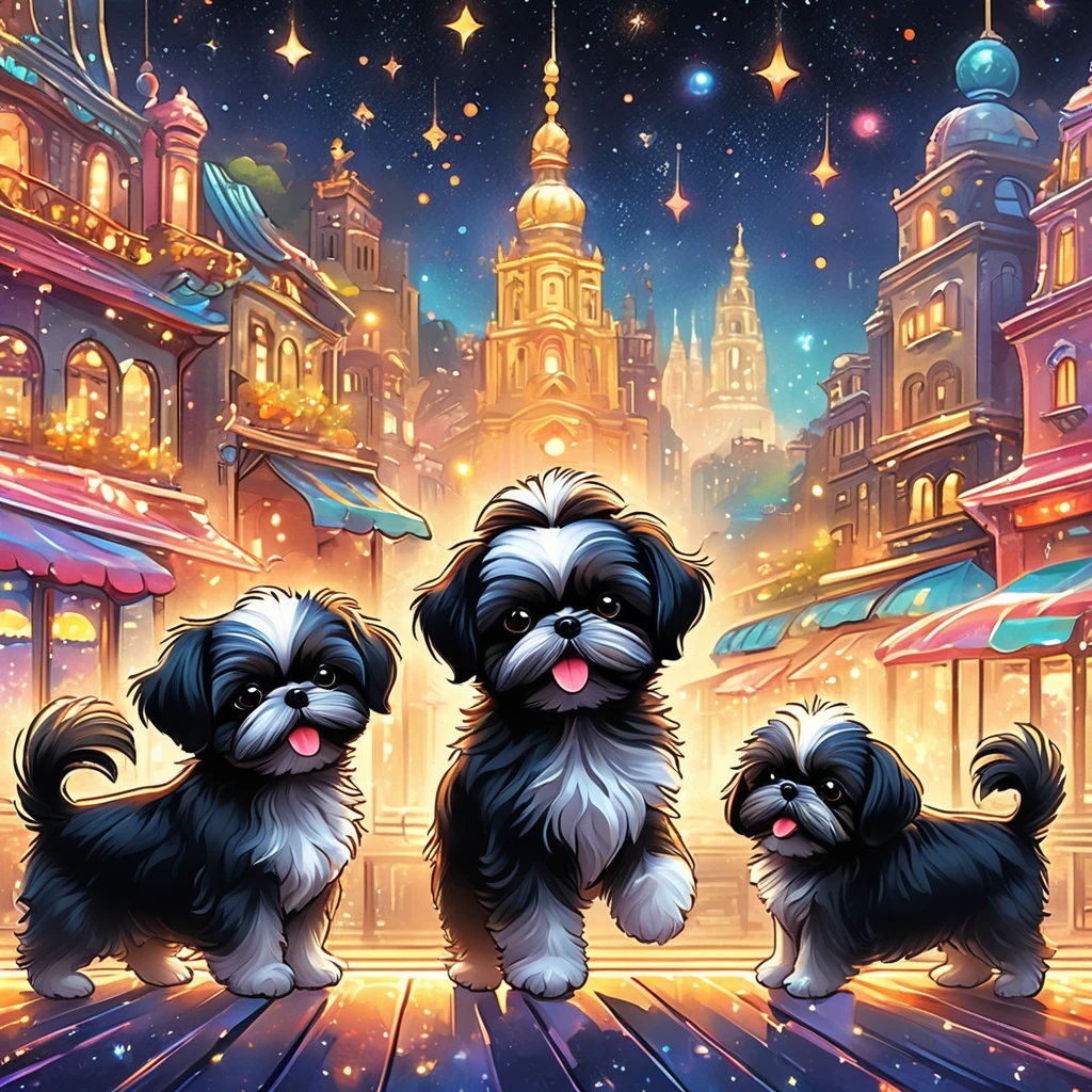 Anthropomorphic 2 black shih tzu puppies,minuet,Cafe,warm interior,cute,fluffy fur,masterpiece,rich colors,highest quality,official art,fantasy,colorful,happy,smile,Super cute black shih tzu puppies,Fluffy,looking forward,happiness,nice background,Stylish cityscape,fun outing,fun waiting time,Sparkling,beautiful light and shadow,