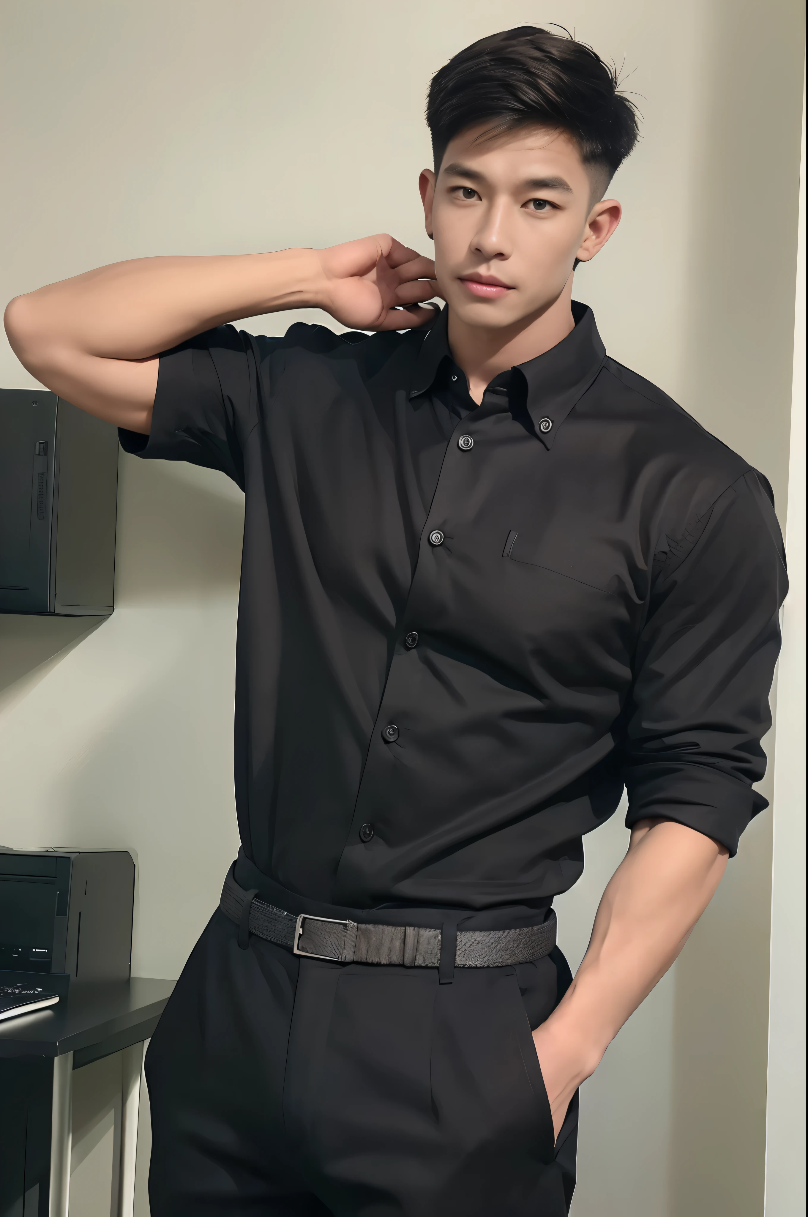 1 handsome Japanese guy,29years old,Professional manager,office room,Elite sense,Wear a shirt and a black suit,Tall,musculous,hairy bodies(thin eyes 1:3),Full body photo