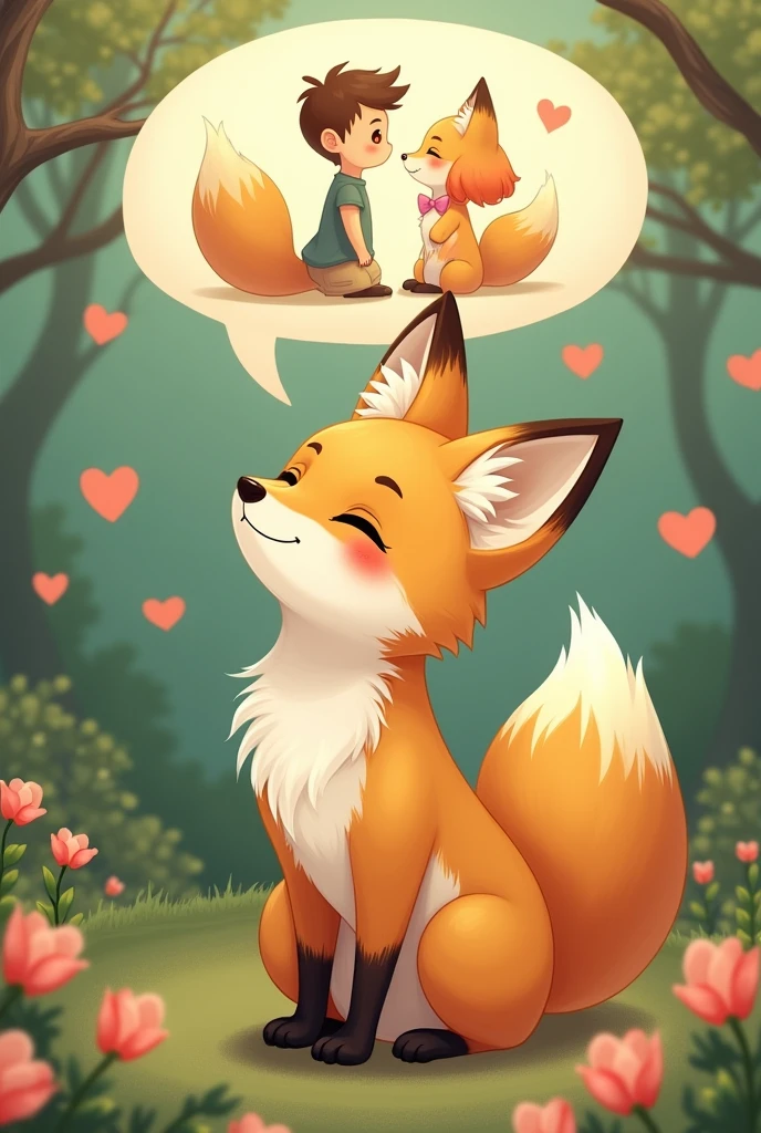 A yellow female fox who longs for love,Stand up,Speech bubble above head,A scene of love between a man and a woman appears in the bubbles,Cute realistic style格,Surrounded by love,Background forest garden,Cute realistic style